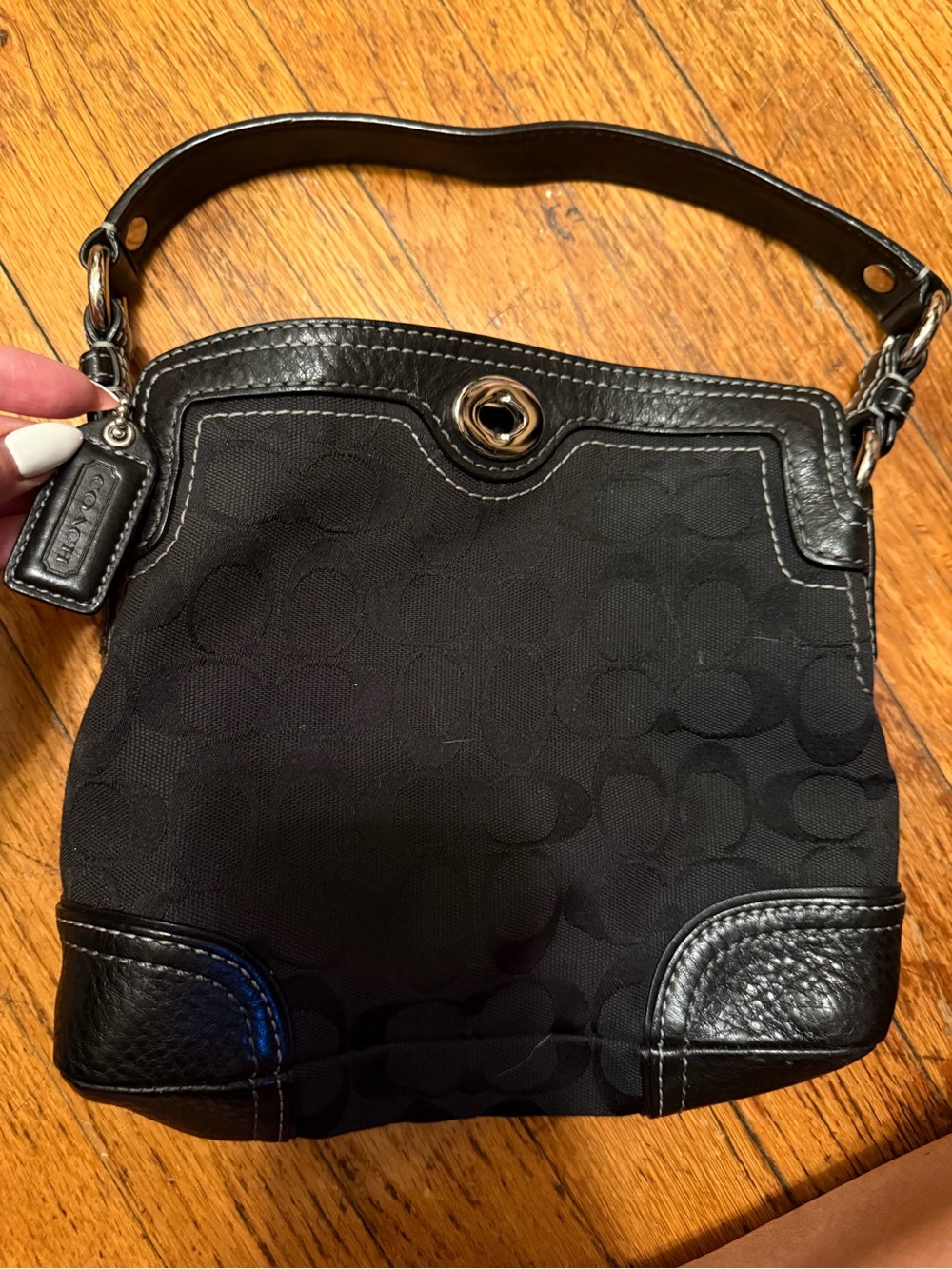Coach Black Signature Canvas Shoulder Bag with Leather Trim